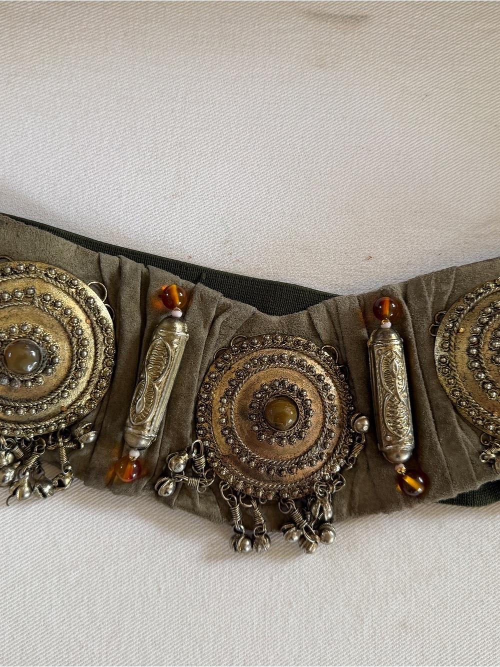 Vintage-Inspired Olive Green & Antique Gold Coin Detail Waist Belt